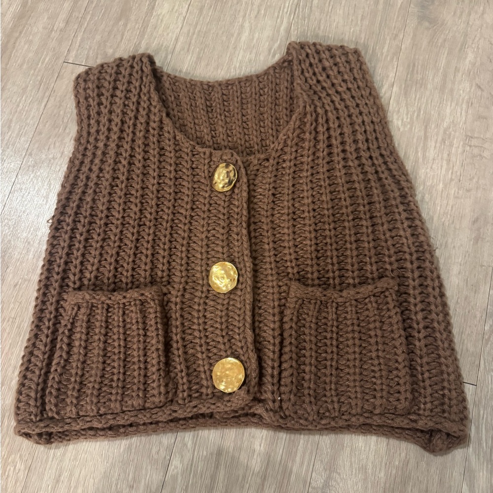 Women’s Sleeveless Brown Cropped Knit Vest with Gold Buttons